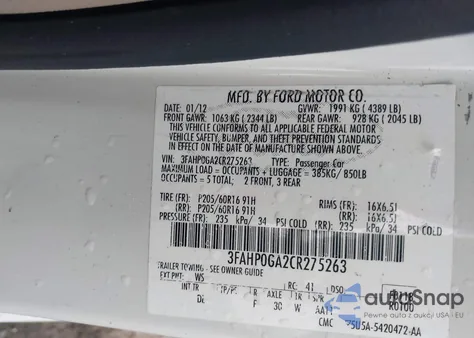 2012 Ford Fusion S из США, поврежденный, VIN 3FAHP0GA2CR275263